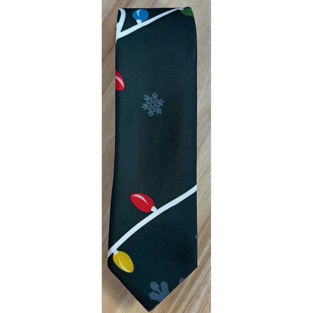 DEC25 Mens Green Novelty Christmas Lights Holiday Tie Multicolor Woven Polyester